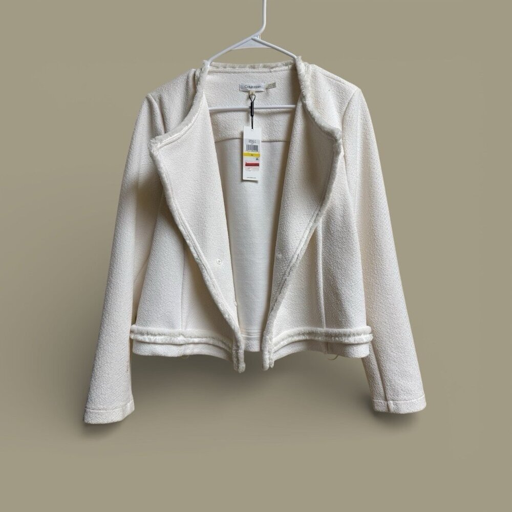 Calvin Klein White Textured Jacket Womens M Open Front NWT Cropped